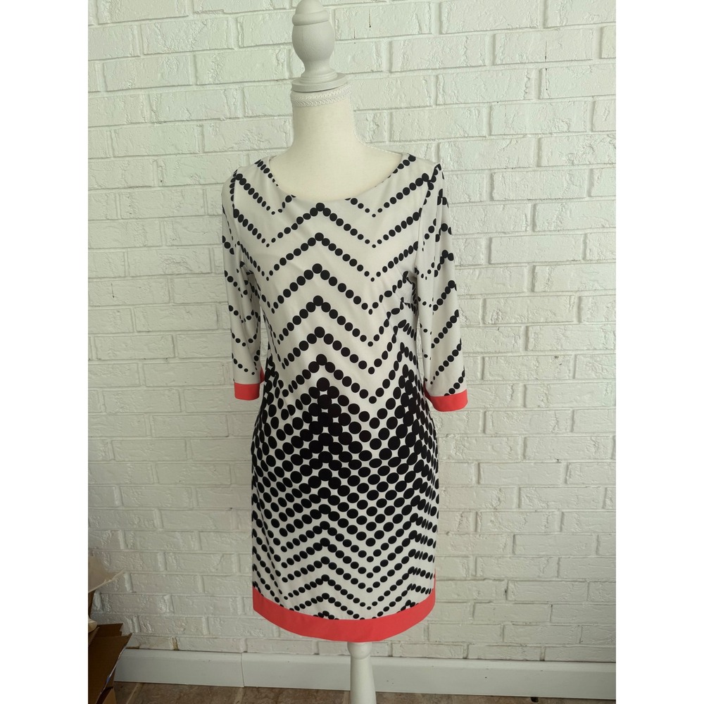 Sandra Darren Sheath Dress Womens 8P White Black Excellent Polka Dot Chevron